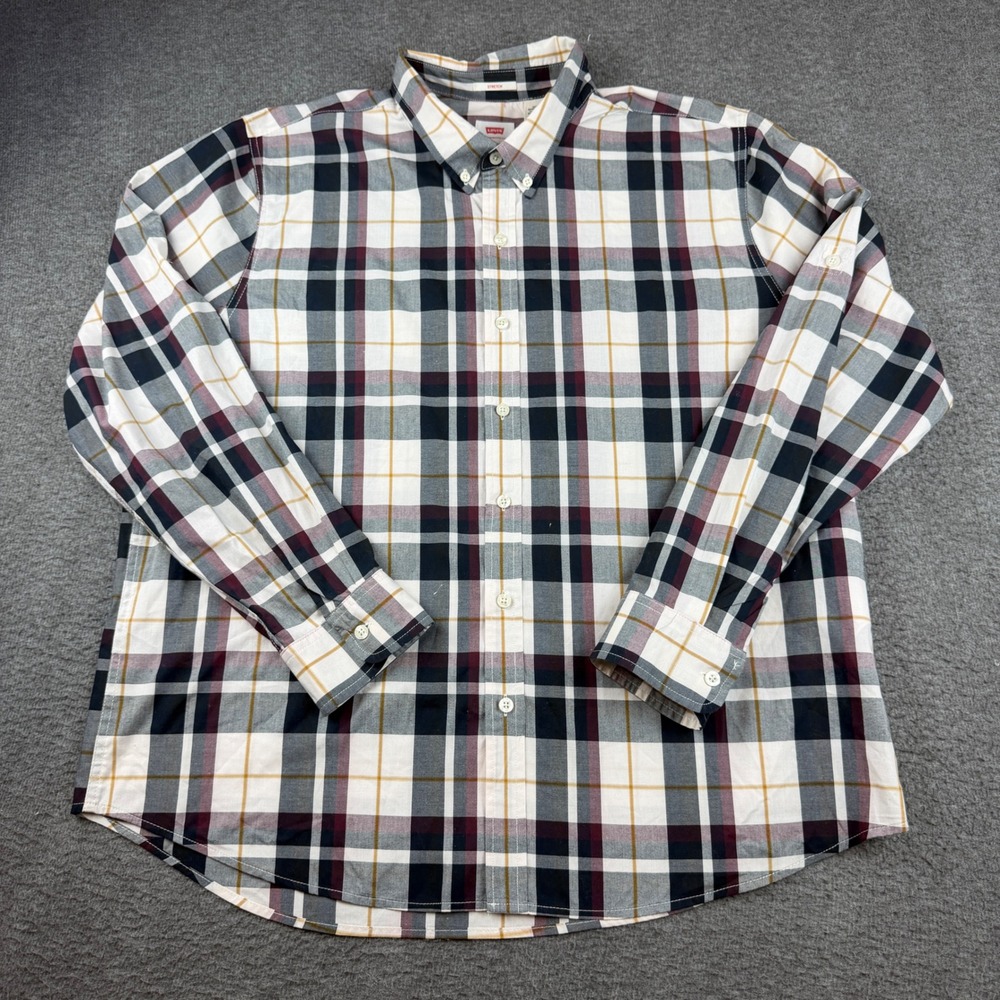 Levi's Button Down Shirt Men's XXL White Plaid Long Sleeve Stretch 35616-0014